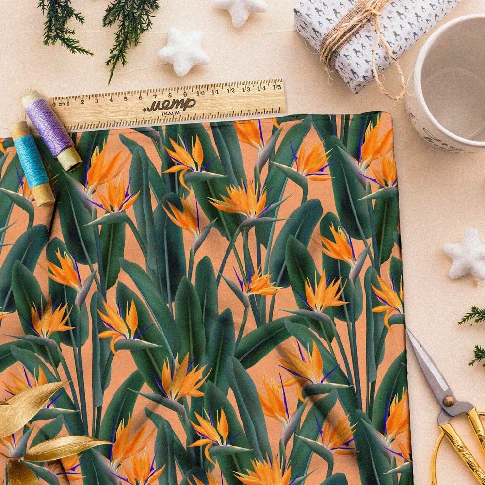 Ткань шелк Армани насыщенные жёлтые цветы и листья в закате