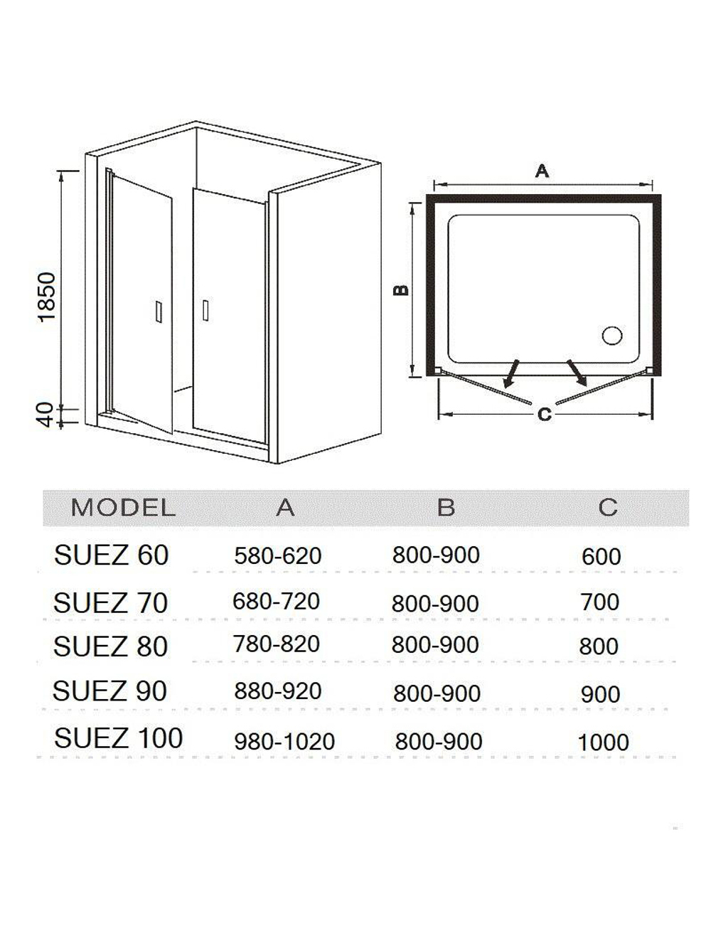 Душевое ограждение RIVER SUEZ  60 MT Душевое ограждение 60х185 10000006432 Прямоугольная Универсальная  Хром матовый