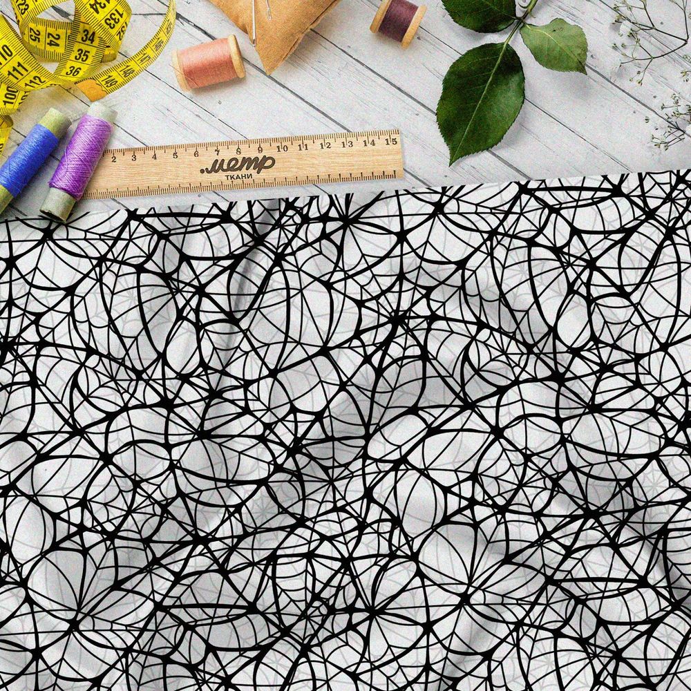 Ткань бязь мелкая чёрная паутина на белом фоне