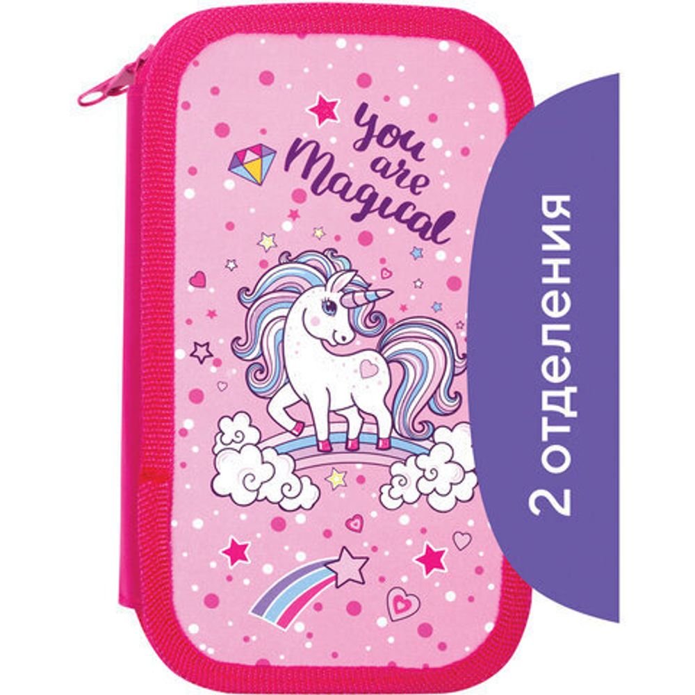Пенал ПИФАГОР, 2 отделения, ламинированный картон, блестки, 19х11 см, "UNICORN", 229155