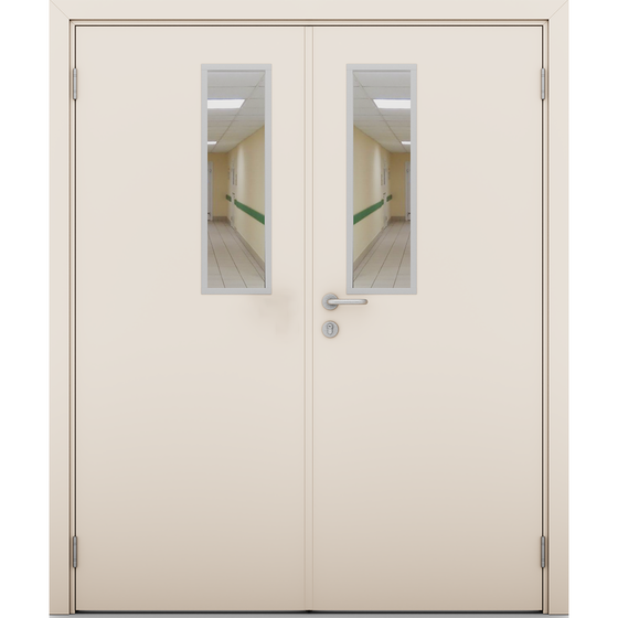 Пластиковая двустворчатая влагостойкая дверь Poseidon гладкая кремовая остеклённая модель 5