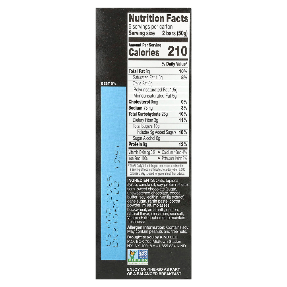 KIND Bars, Протеиновые батончики для завтрака, темный шоколад и какао, 6 пакетиков по 50 г (1,76 унции)