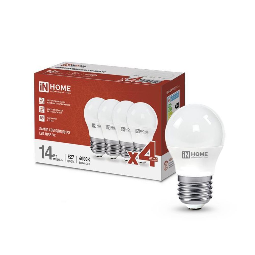 Лампа светодиодная LED-ШАР-VC 4PACK 14Вт шар 4000К нейтр. бел. E27 1330лм 230В (уп.4шт) IN HOME 4690612052366 Лампа светодиодная LED-ШАР-VC 4PACK 14Вт шар 4000К нейтр. бел. E27 1330лм 230В (уп.4шт) IN HOME 4690612052366