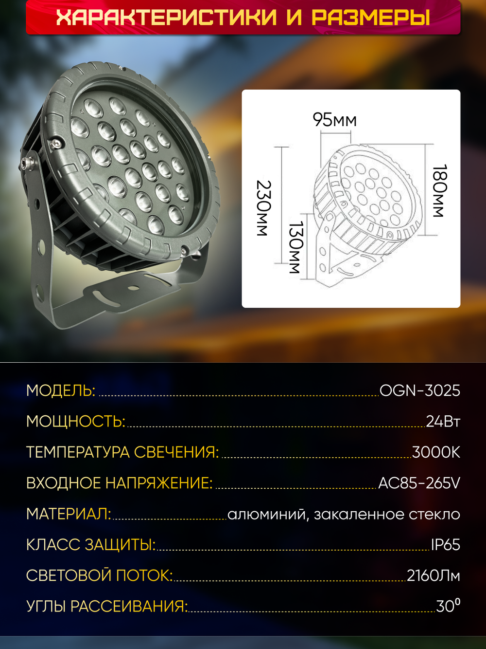 Прожектор для архитектурного и ландшафтного освещения 220V 24W 3000К теплый белый, угол 30 градусов