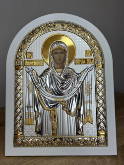 Покрова, икона арочная, белое дерево 150х200