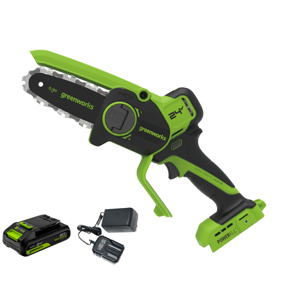 Цепная мини пила аккумуляторная Greenworks CS2410A, 24V, 10см, бесщёточная, с автоматической смазкой цепи, c 1хАКБ 2Ач и ЗУ (CS2410AUA)