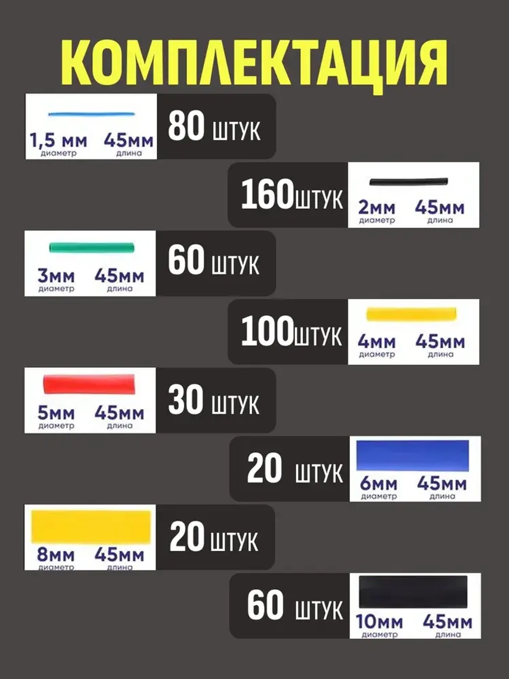 Набор термоусадочных трубок 530 штук (8 размеров)