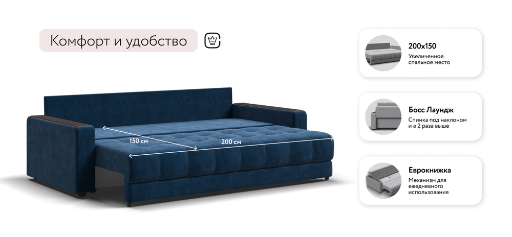 Диван Босс Велюр Монолит синий