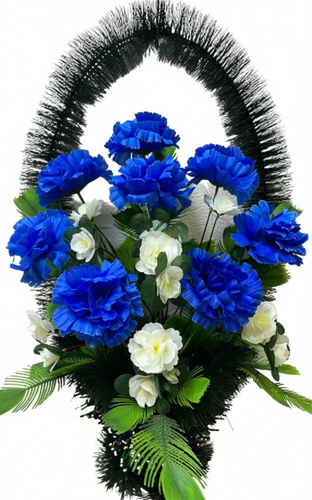 Траурная корзина из искусственных синих гвоздик Траурная корзина из искусственных синих гвоздик