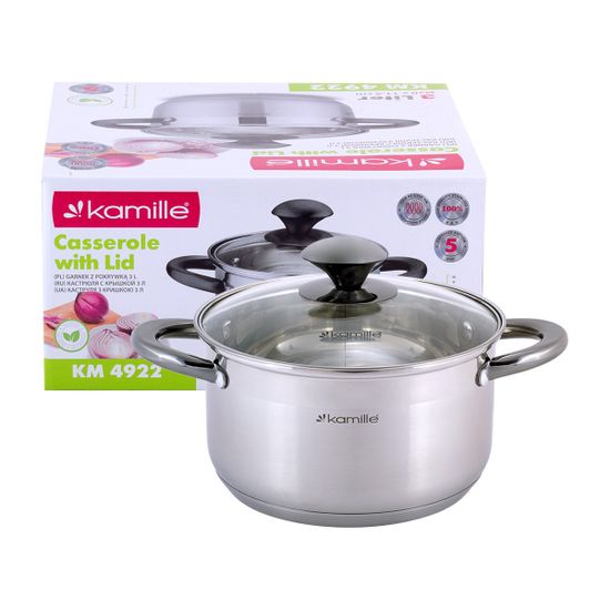 Кастрюля 3 л. из нержавеющей стали Kamille KM 4922 с черными ручками