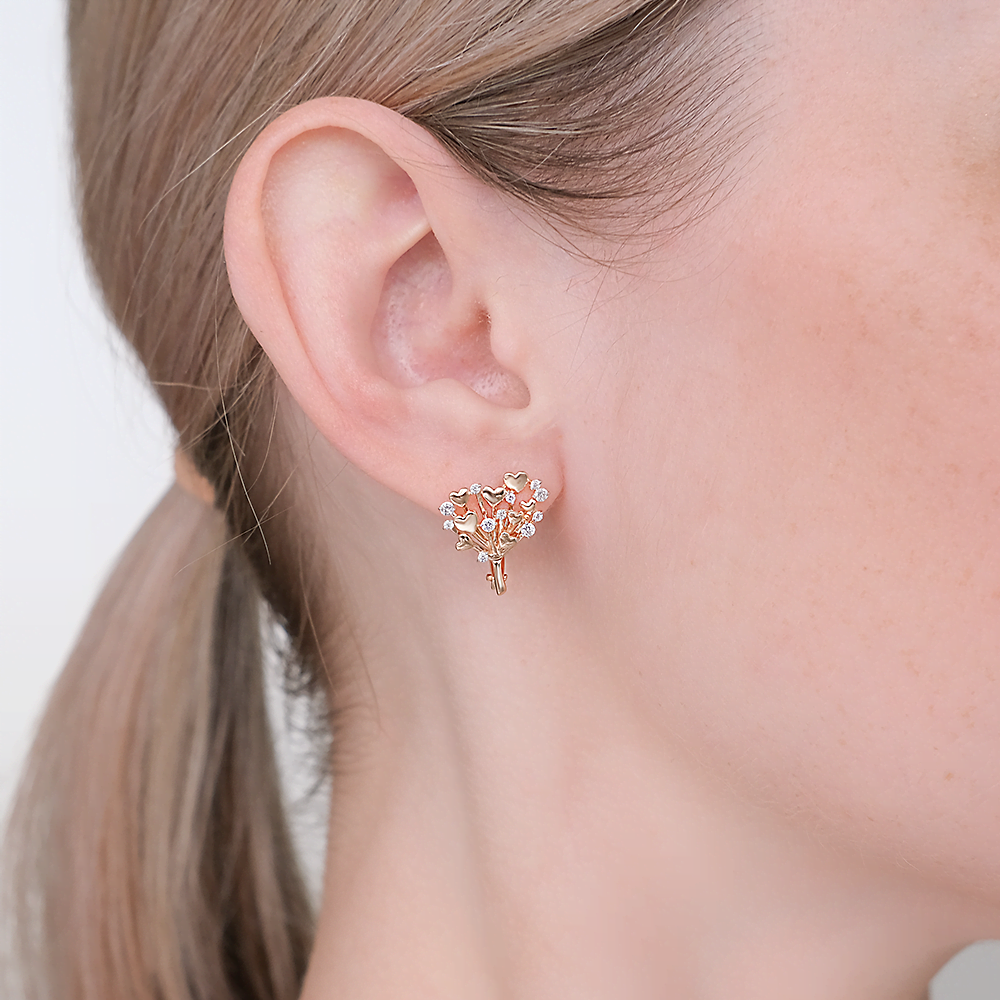 Серьги «Букет сердец» с английским замком из красного золота с фианитами