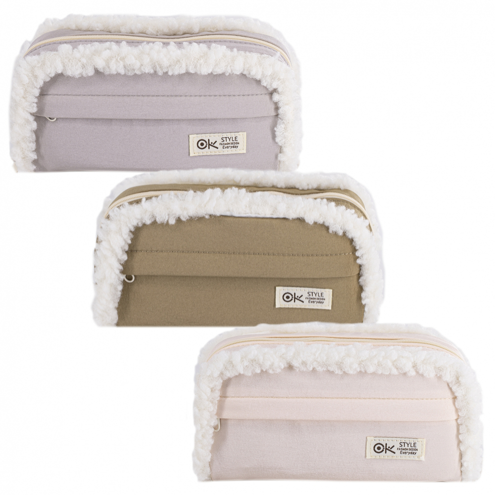 Пенал - косметичка Alingar, ткань, молния, боковой карман, карман-сеточка, плюш отделка, 200 х 90 х 45 мм, "OK. Style", микс (корич, св-серый, св-роз)