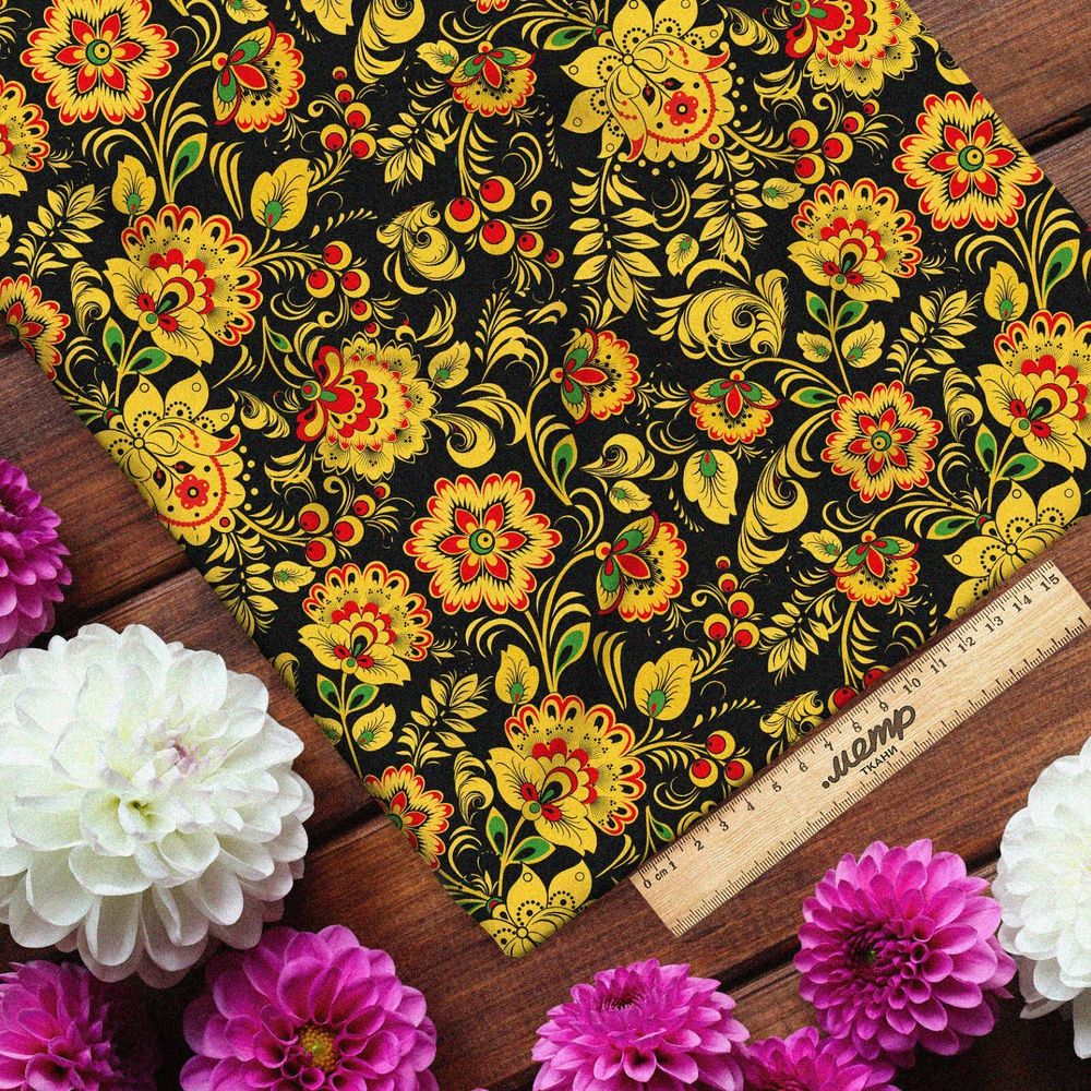 Ткань габардин хохлома на чёрном