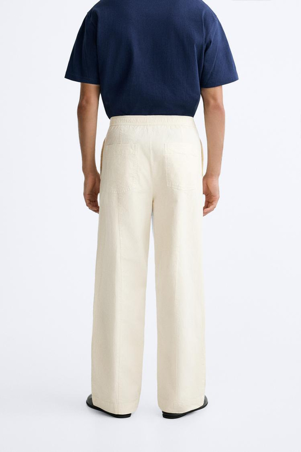 ZARA БРЮКИ ИЗ ХЛОПКА И ЛЬНА, ЖЕЛТОВАТО-БЕЛЫЙ