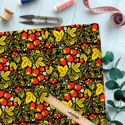 Ткань ниагара золотая хохлома с земляникой