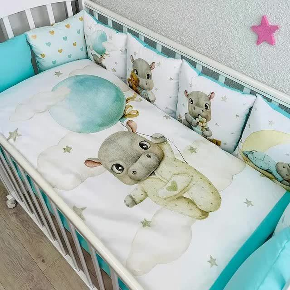 Комплект в кроватку 18 предметов "Бегемотик" зеленый, сатин
