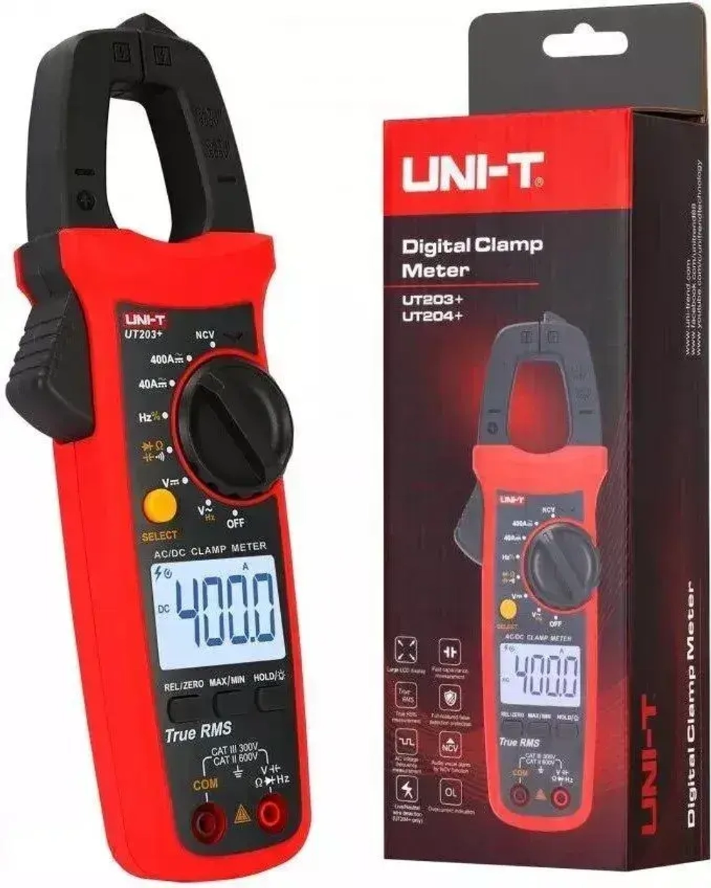 Мультиметр UT203+ UNI-T клещи постоянного и переменного тока 0,1 - 400А емкость подсветка NCV True RMS