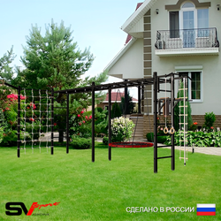 Уличная шведская стенка Sv Sport рукоход х 2 с комплектом турник прямой У52455 (Турник/Брусья/Гнездо 80см/Кронш бокс/Канат/кольца/лестница/Сетка)