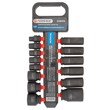 Набор головок ударных комбинированный 14пр.,1/2''(короткие:10,12-15,27,30,32мм,глубокие:17,19,21,22,24,36мм),на пластиковом держателе Forsage F-4149MPB
