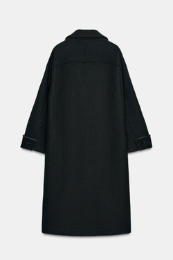 ZARA ПАЛЬТО ОВЕРСАЙЗ С ШЕРСТЬЮ И КОНТРАСТНЫМИ МАНЖЕТАМИ, ЧЕРНЫЙ