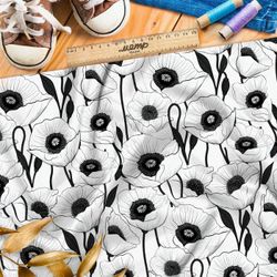 Ткань премиум бифлекс крупные черно-белые  маки