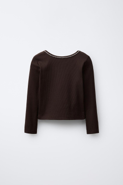 ZARA ТОП В РУБЧИК СО СТРАЗАМИ, КОРИЧНЕВЫЙ