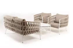 "Диего" лаунж-зона 4-местная плетеная из роупа (веревки), каркас алюминиевый белый, роуп бежевый