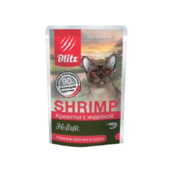 Влажный корм для взрослых кошек Blitz Holistic Shrimp & Turkey in Gravy Adult Cat All Breed креветки с индейкой кусочки в соусе, 85 гр. В комплекте 24 шт