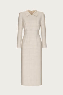 ПЛАТЬЕ ИЗ БЕЖЕВОЙ ШЕРСТИ С КРУЖЕВНЫМИ ВОРОТНИКОМ И МАНЖЕТАМИ