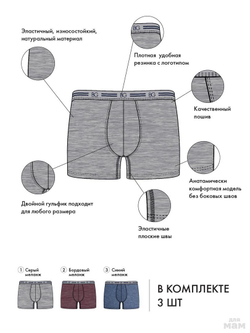 1202A Underwear темно-серый меланж/бургунди меланж/синий меланж набор трусов мужских 3шт.