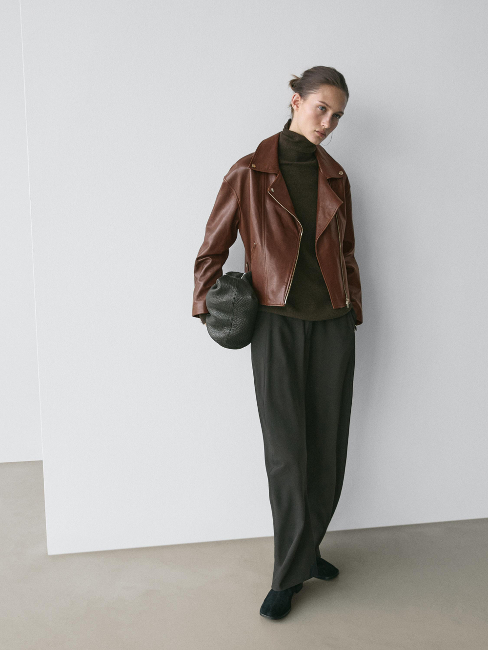 Massimo Dutti Куртка в байкерском стиле из кожи наппа, коричневый