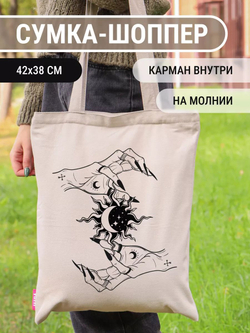 Сумка шоппер бежевая на молнии с карманом с принтом