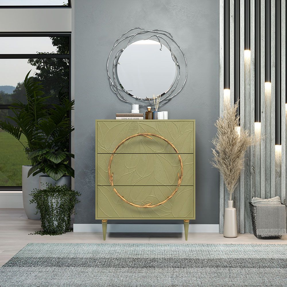 Комод Арт Колор leaves Классик Голд с 3 ящиками Зеленая олива