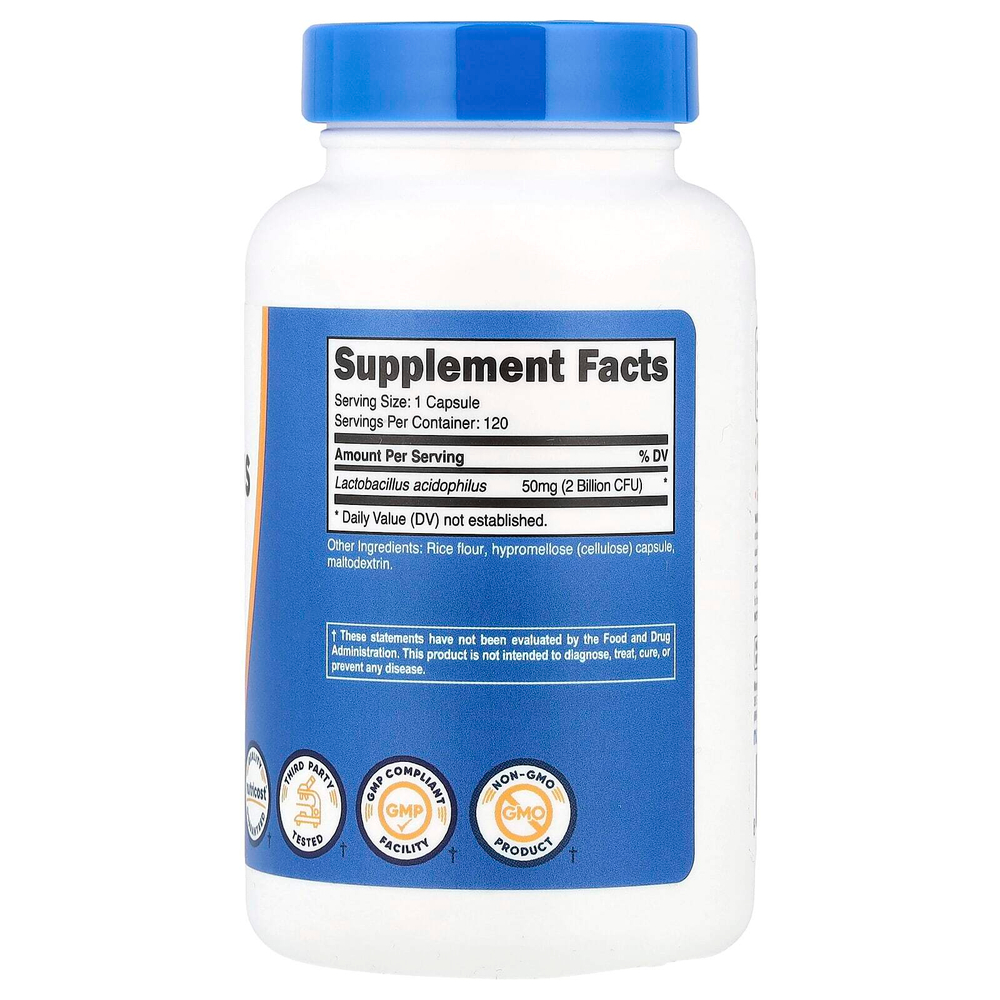 Nutricost, Лактобактерии ацидофильные, 50 мг (2 млрд КОЕ), 120 капсул