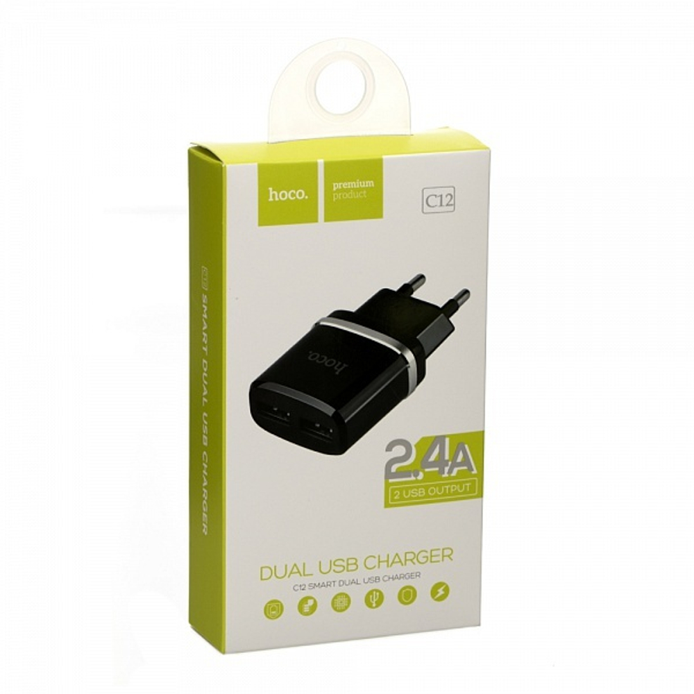 Сетевая зарядка 2-гнезда USB 5В-2.4А HOCO C12