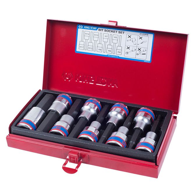KING TONY (4120PR) Набор торцевых насадок 1/2", HEX, 4-17 мм, L = 80 мм, 9 предметов