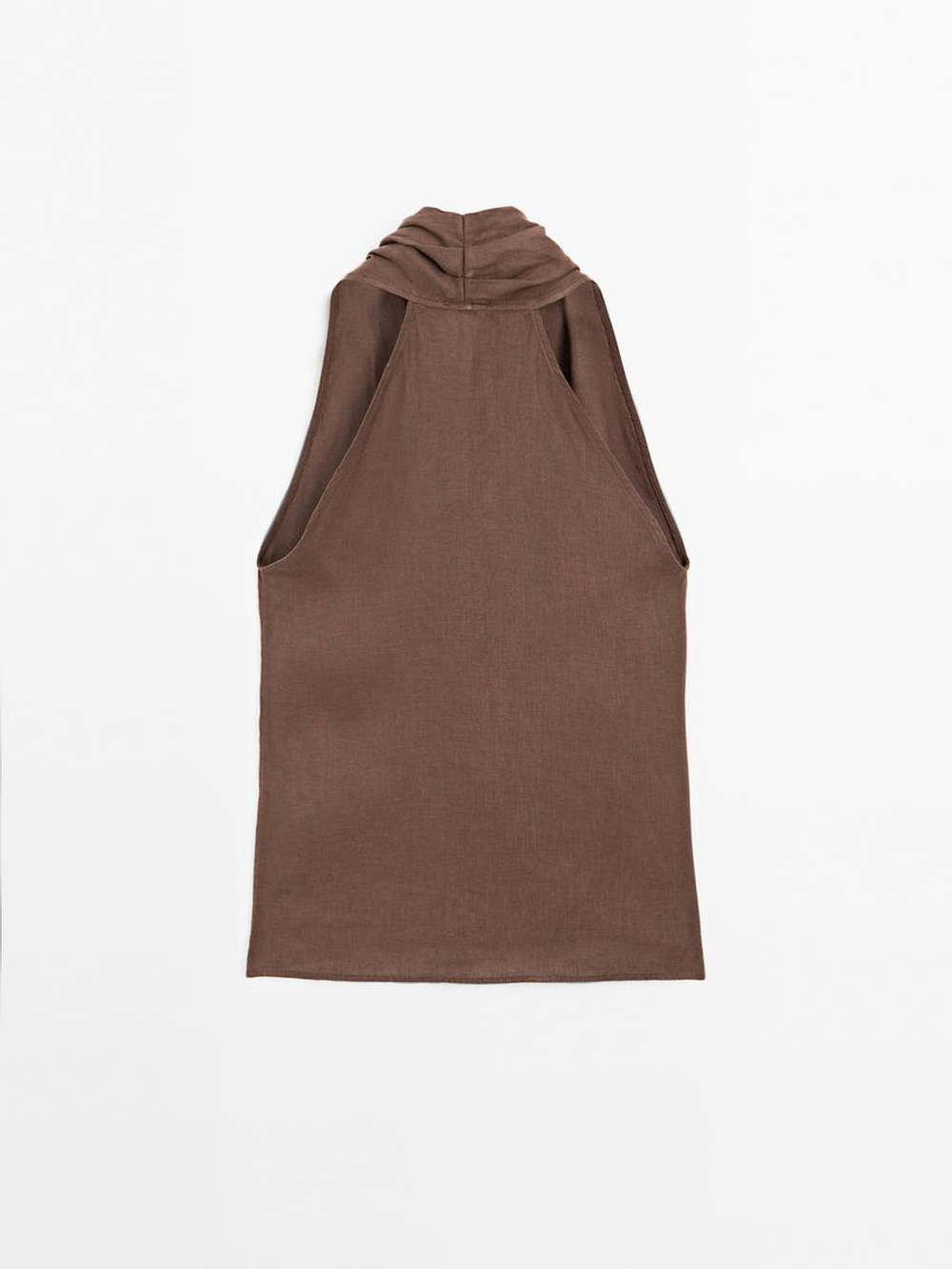 Massimo Dutti Льняной топ внахлест с горловиной халтер, коричневый