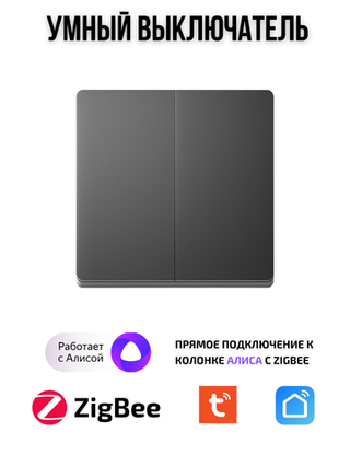 Умный выключатель Tuya ZigBeе для Алисы двухклавишный черный