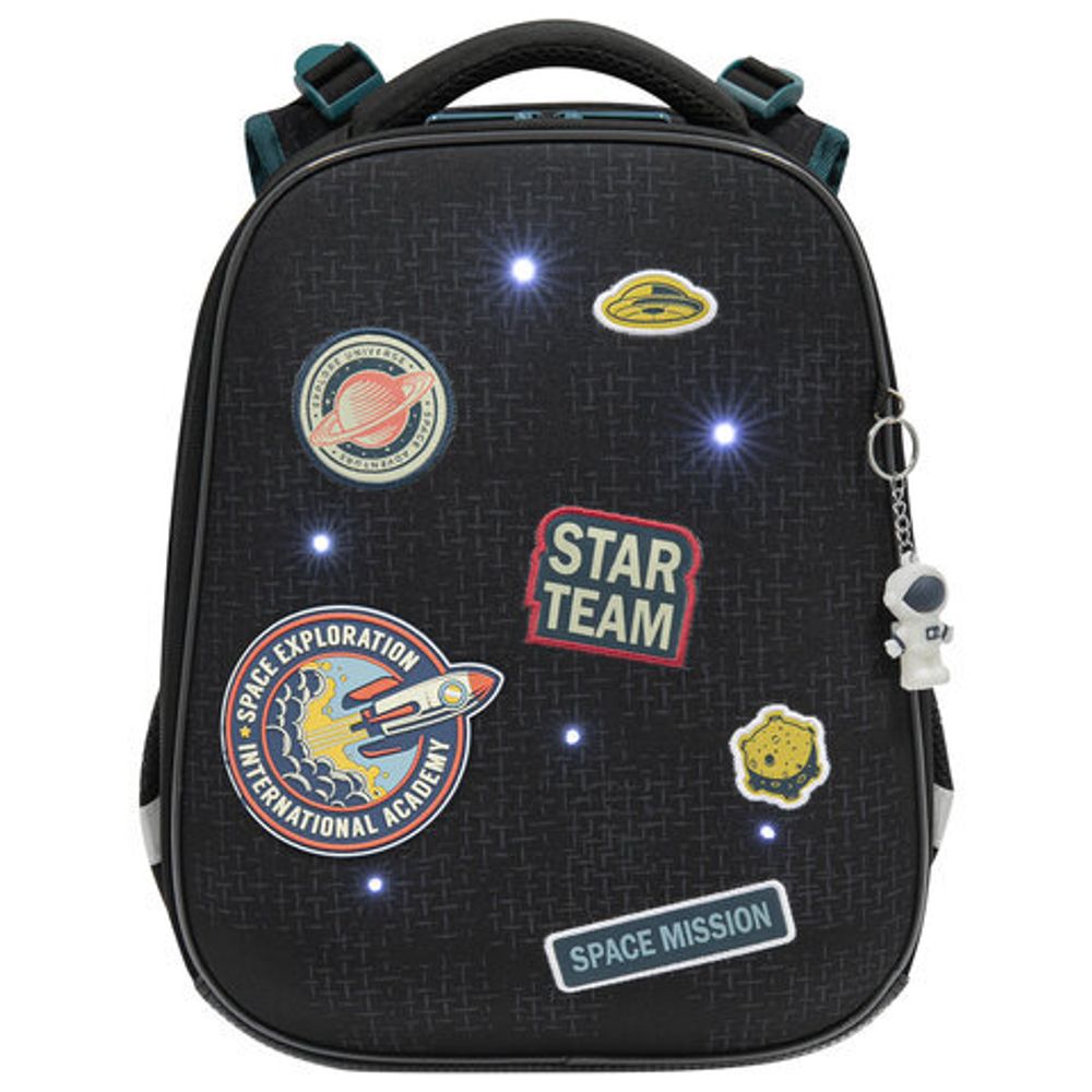 Ранец BRAUBERG PREMIUM, 2 отделения, с брелком, "Space mission", LED ЛАМПОЧКИ, 38х29х16 см, 270599