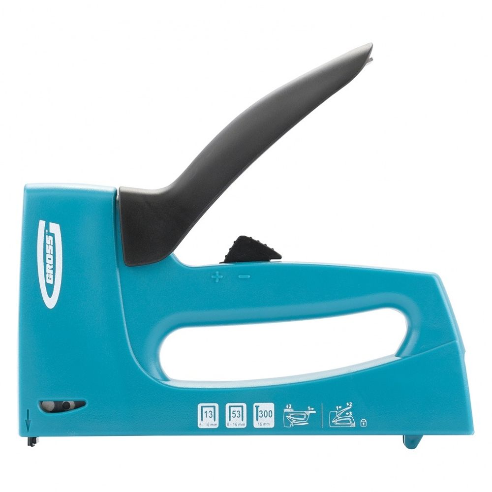 Степлер мебельный, пластиковый корпус,регулировка удара, тип скобы 13, 53, 300, 6-16мм// Gross 41003