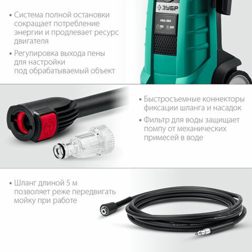 Минимойка ЗУБР АВД-180, мощность 2,3 кВт, давление 180 бар, шланг 5 м