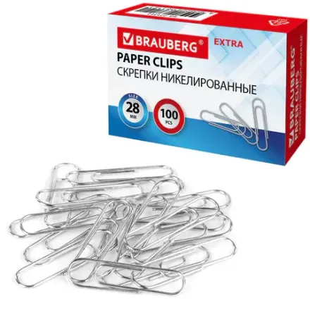 Скрепки канцелярские 28мм, 100шт, никелированные, Brauberg Extra, картон. упак.