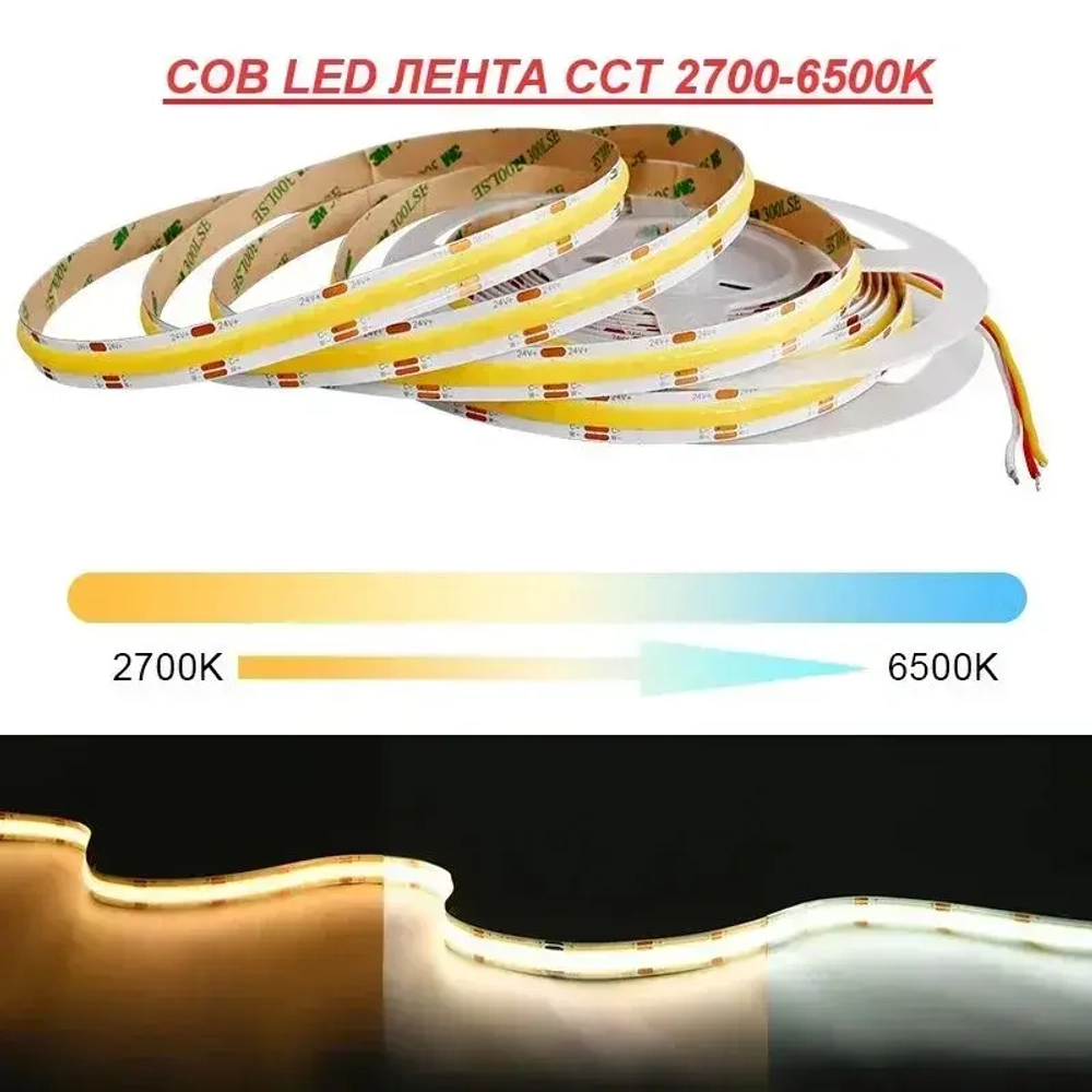 Cветодиодная лента COB CCT, 5м, 24V, 608led/м, 14 Вт/м, 1350 Лм/м
