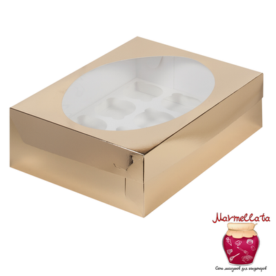 Упаковка для капкейков ЗОЛОТО с ОКНОМ (12 ячеек)