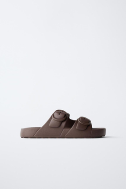 ZARA РЕЗИНОВЫЕ ТАПОЧКИ С ПРЯЖКАМИ, КОРИЧНЕВЫЙ