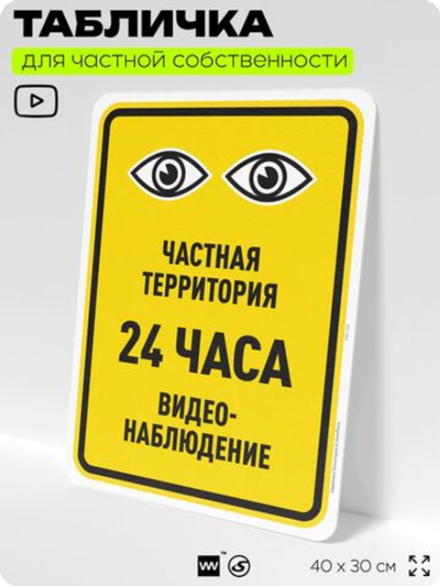 Табличка для частной территории "Частная территория, видеонаблюдение 24 часа", на дом, для участка, организаций, предупреждающая, 40х30 см, Silver Plane x Айдентика Технолоджи