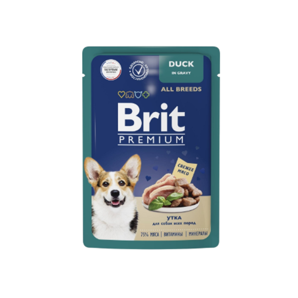 Влажный корм для собак BRIT PREMIUM пауч для взрослых собак всех пород, утка в соусе 14 упаковок по 85г