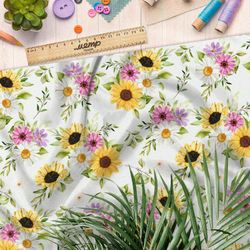 Ткань ниагара разноцветные ромашки и подсолнухи на белом фоне