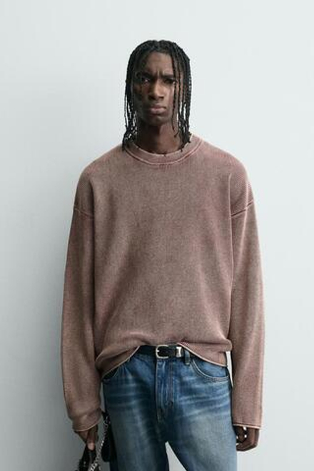 ZARA СВИТЕР ВАФЕЛЬНОГО ПЛЕТЕНИЯ С ЭФФЕКТОМ ПОТЕРТОСТИ, ЛИНЯЛЫЙ КРАСНЫЙ