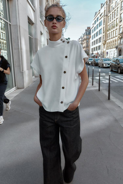 ZARA РУБАШКА С КОНТРАСТНЫМИ ПУГОВИЦАМИ, ЖЕЛТОВАТО-БЕЛЫЙ